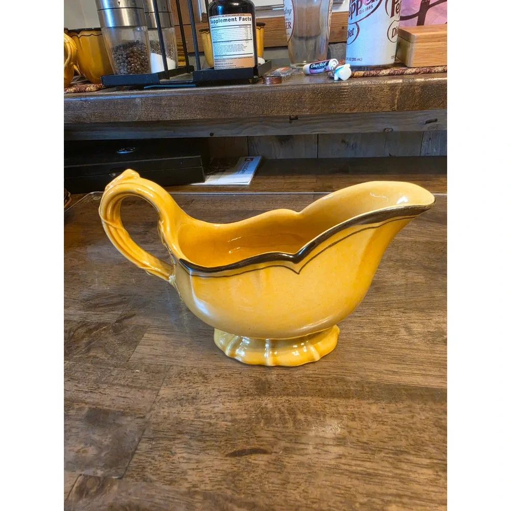 Vintage Yellow Ceramic Gravy Boat with Brown Scalloped Rim Pedestal Base 32